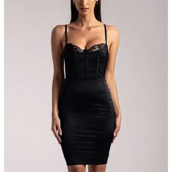 meshki black corset dress Cyrill Strapless Satin Structured Maxi Dress - Black